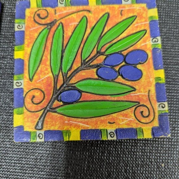 Set Of 4 Lot Colorful Coasters Sommelier Fun Under Glass Grapes Pears Olives - Picture 3 of 7